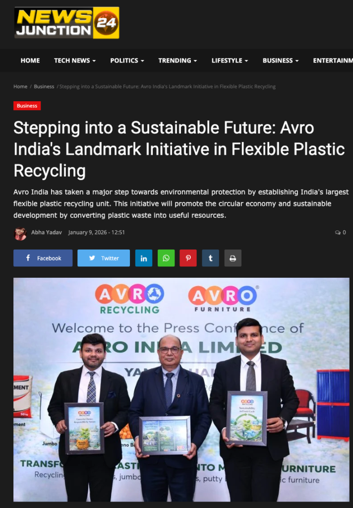 Business news article headline reading ‘Stepping into a Sustainable Future: Avro India’s Landmark Initiative in Flexible Plastic Recycling.’ Below the headline is a press conference image featuring three formally dressed men in suits holding framed certificates. Behind them is a backdrop displaying AVRO Recycling and AVRO Furniture logos with the text ‘Welcome to the Press Conference of Avro India Limited.’ Social media sharing icons are visible above the image.