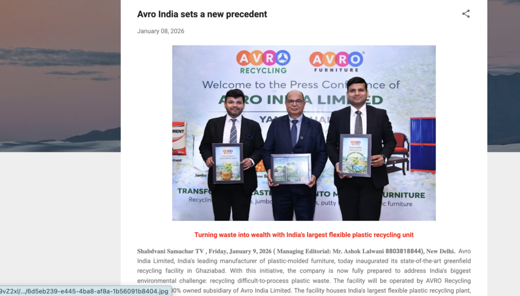 Avro India Limited leadership at an official press conference announcing advancements in flexible plastic recycling, reinforcing its commitment to circular economy and sustainable manufacturing.